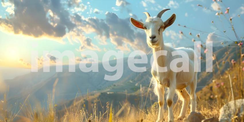 Eid al-Adha Goat Silhouetted at Sunset Background, Sunset Celebration of Eid al-Adha with Goat - Ai Generated