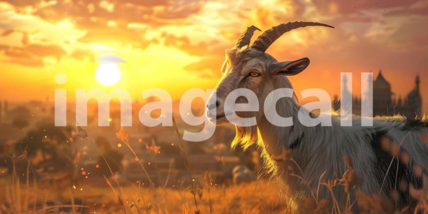 Eid al-Adha Goat Silhouetted at Sunset Background, Sunset Celebration of Eid al-Adha with Goat - Ai Generated
