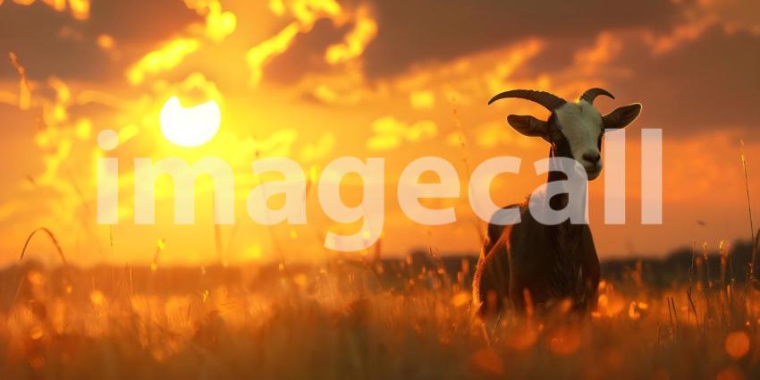 Eid al-Adha Goat Silhouetted at Sunset Background, Sunset Celebration of Eid al-Adha with Goat - Ai Generated