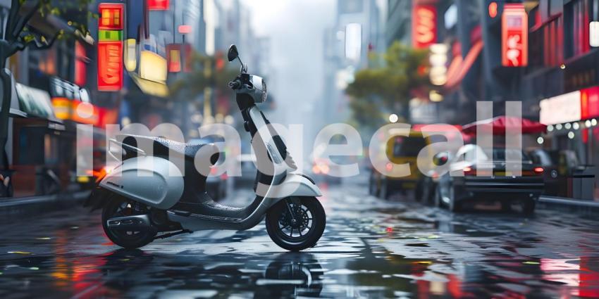 Urban Commuting: Electric Scooter in Cityscape, Modern Mobility: Electric Scooter on Urban Street - Ai Generated