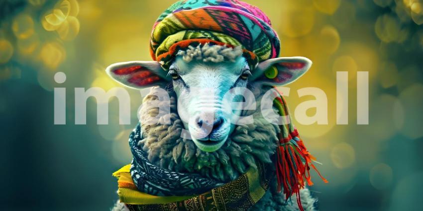 Colorful Trendy sheep wearing muslim cap eid ul adha - Ai Generated