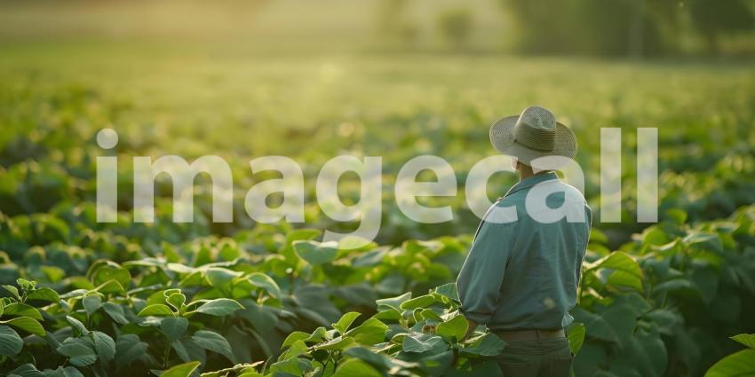 Farmer stands in a lush green soybean field - Ai Generated