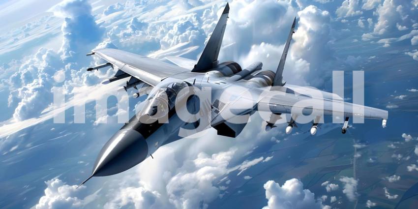 Skyward Soar: Fighter Jet in Flight Background, Aerial Dominance: Fighter Jet Soaring Above - Ai Generated