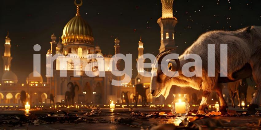 Sheep Grazing Near a Mosque Background, Mosque Scenery with Sheep in Foreground - Ai Generated