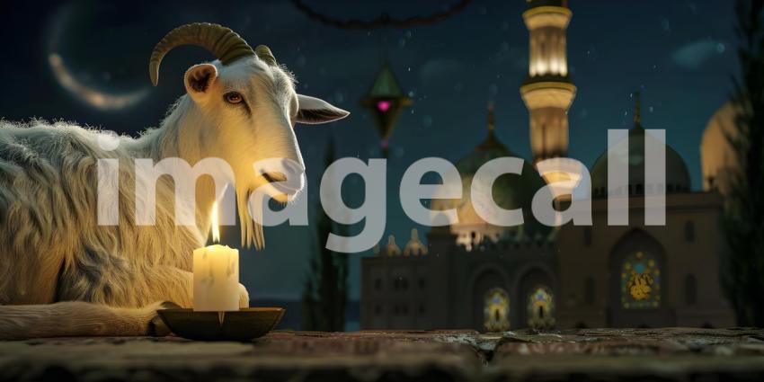 Sheep Grazing Near a Mosque Background, Mosque Scenery with Sheep in Foreground - Ai Generated