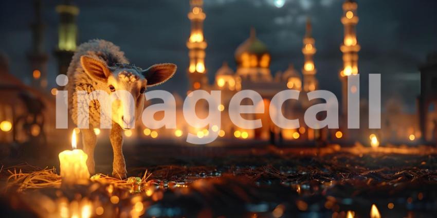 Sheep Grazing Near a Mosque Background, Mosque Scenery with Sheep in Foreground - Ai Generated