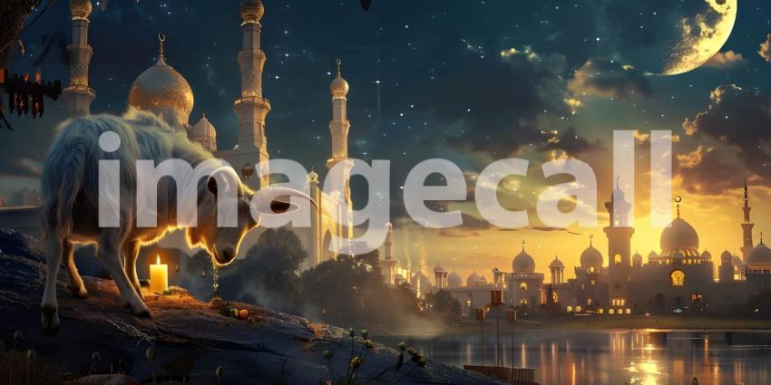 Sheep Grazing Near a Mosque Background, Mosque Scenery with Sheep in Foreground - Ai Generated