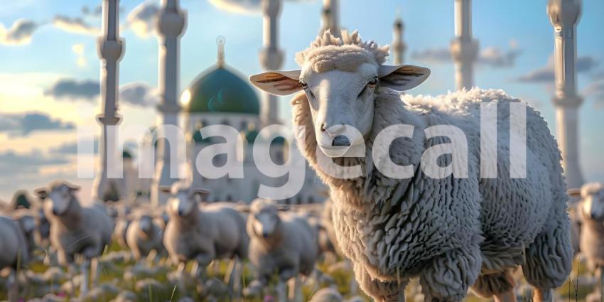 Sheep Grazing Near a Mosque Background, Mosque Scenery with Sheep in Foreground - Ai Generated