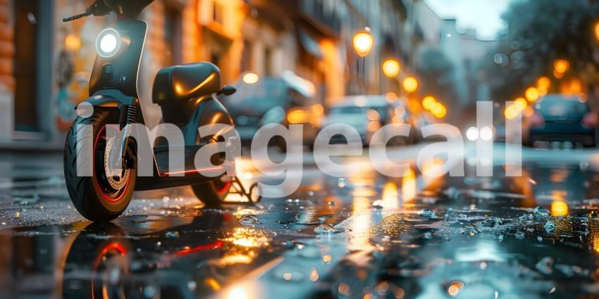 Urban Commuting: Electric Scooter in Cityscape, Modern Mobility: Electric Scooter on Urban Street - Ai Generated