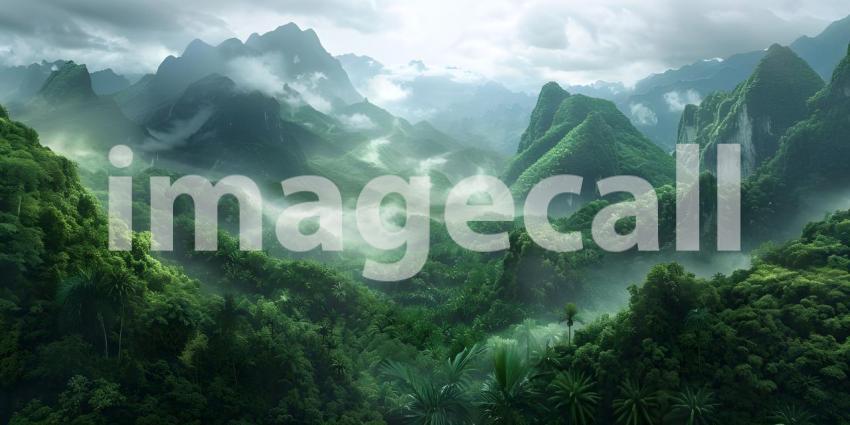 Panoramic view of misty mountains and lush green valleys - Ai Generated