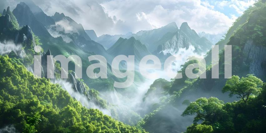 Panoramic view of misty mountains and lush green valleys - Ai Generated