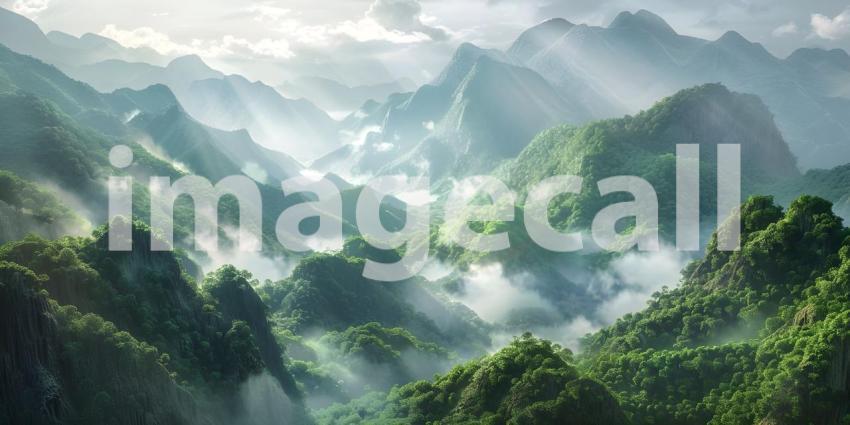 Panoramic view of misty mountains and lush green valleys - Ai Generated