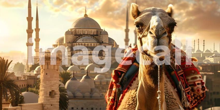 Eid ul-Adha Greetings: Camel and Mosque, Eid ul-Adha Celebration: Camel Against Mosque Backdrop - Ai Generated