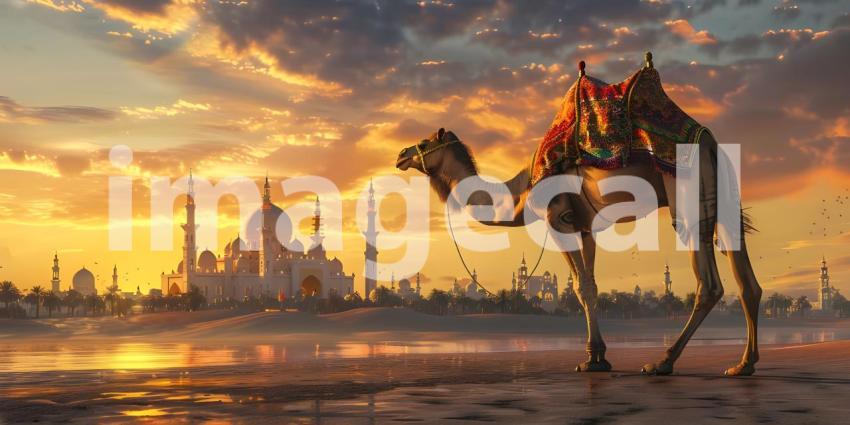 Eid ul-Adha Greetings: Camel and Mosque, Eid ul-Adha Celebration: Camel Against Mosque Backdrop - Ai Generated