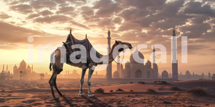 Eid ul-Adha Greetings: Camel and Mosque, Eid ul-Adha Celebration: Camel Against Mosque Backdrop - Ai Generated