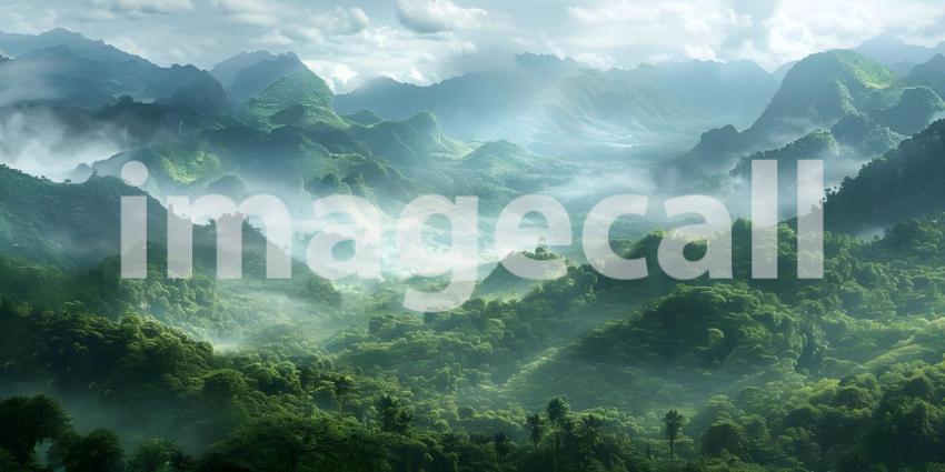 Panoramic view of misty mountains and lush green valleys - Ai Generated