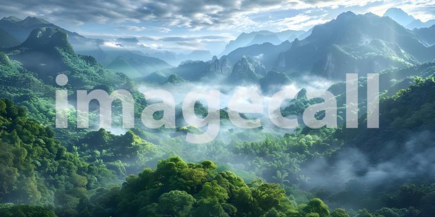 Panoramic view of misty mountains and lush green valleys - Ai Generated