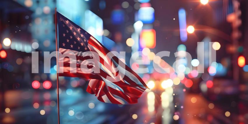 American flag for Independence in the city with blur background - Ai Generated