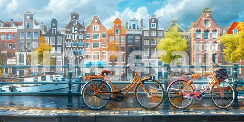 Amsterdam canals with bicycles and colorful houses background - Ai Generated