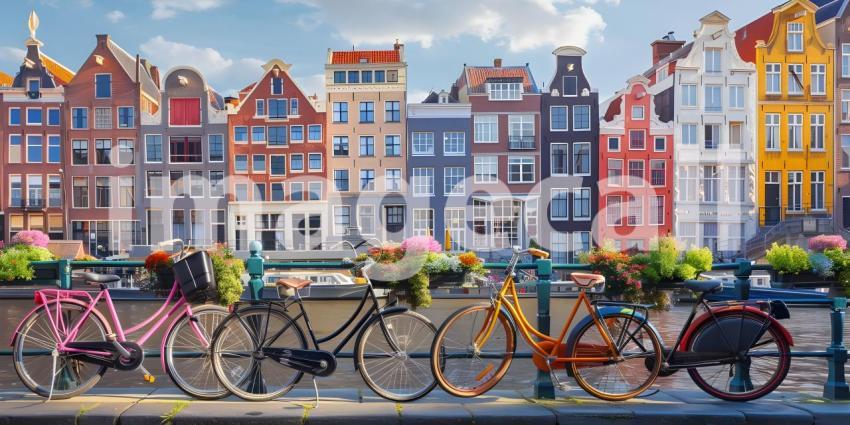 Amsterdam canals with bicycles and colorful houses background - Ai Generated