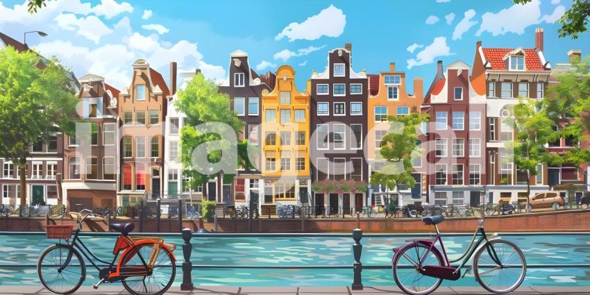Amsterdam canals with bicycles and colorful houses background - Ai Generated