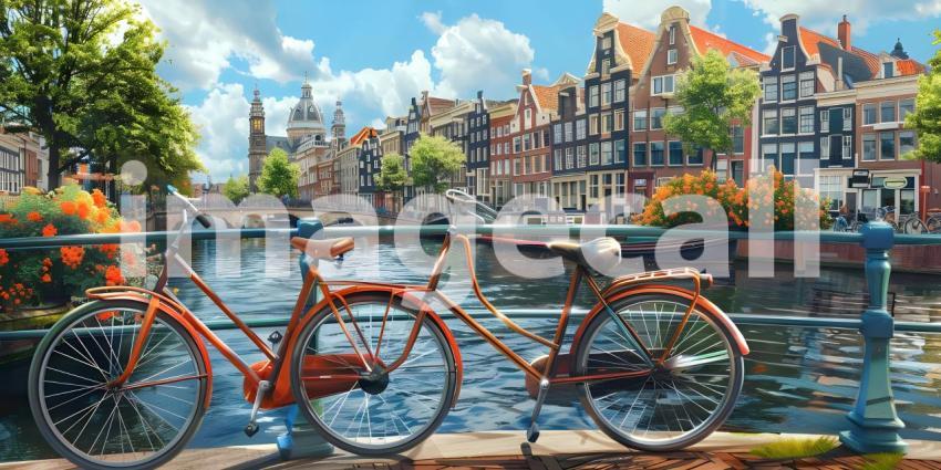 Amsterdam canals with bicycles and colorful houses background - Ai Generated