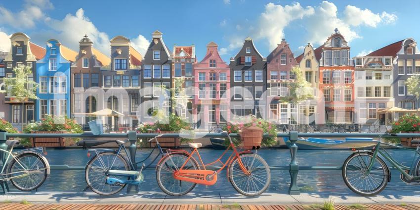 Amsterdam canals with bicycles and colorful houses background - Ai Generated