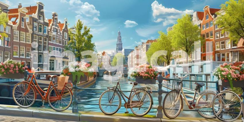 Amsterdam canals with bicycles and colorful houses background - Ai Generated