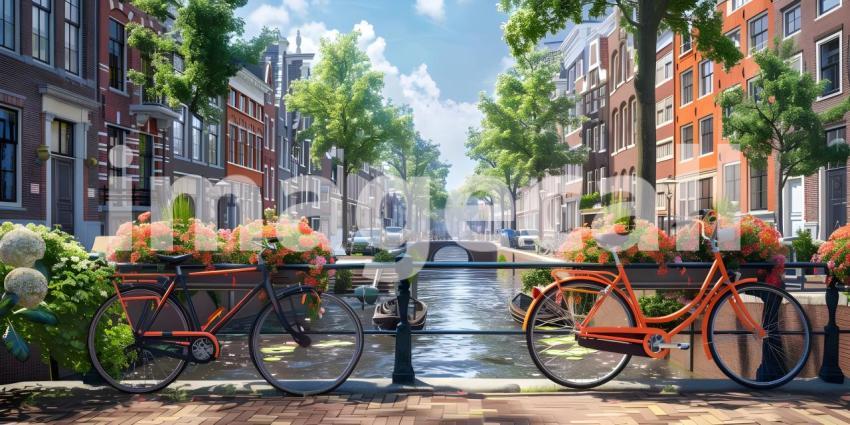 Amsterdam canals with bicycles and colorful houses background - Ai Generated