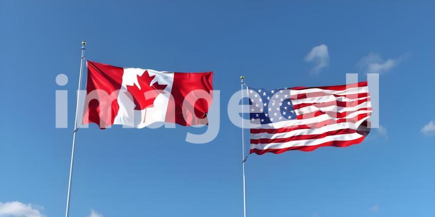 Canada and America waving flags on flagpole background - Ai Generated