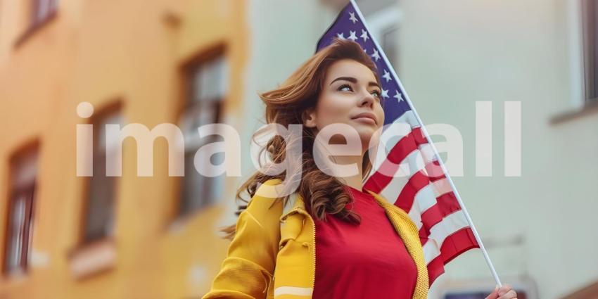 Attractive Lady hold national American flag isolated on solid color background - Ai Generated