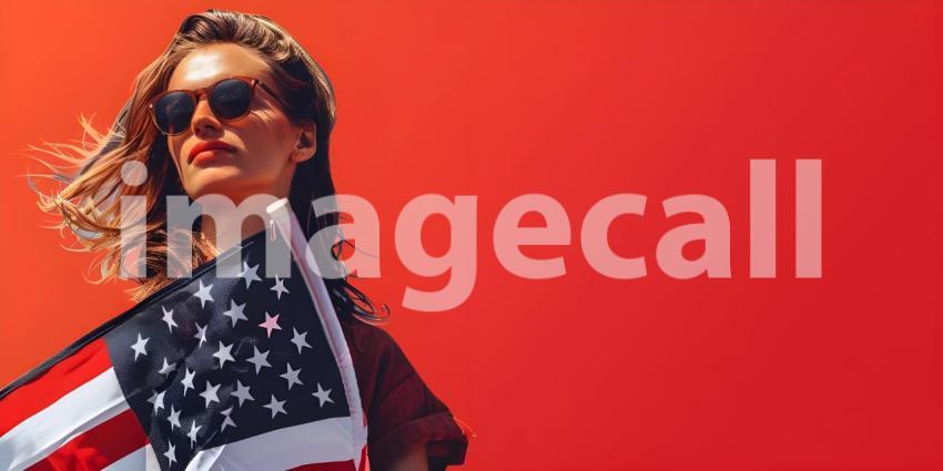 Attractive Lady hold national American flag isolated on solid color background - Ai Generated
