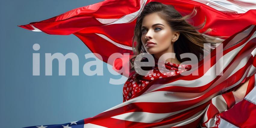 Attractive Lady hold national American flag isolated on solid color background - Ai Generated