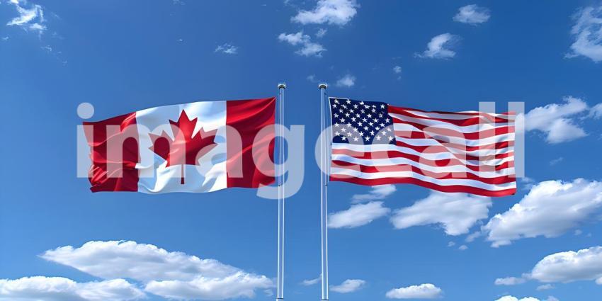 Canada and America waving flags on flagpole background - Ai Generated