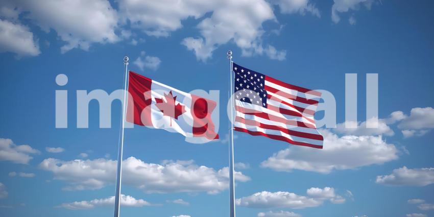 Canada and America waving flags on flagpole background - Ai Generated