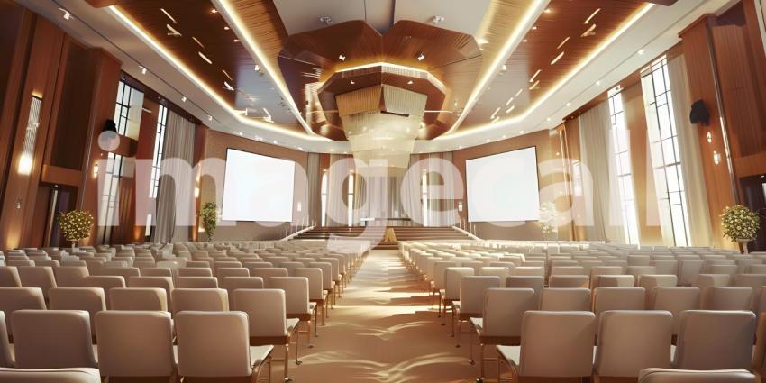 Elegant Conference Room Interior, Sophisticated Meeting Hall Setting, Stunning Venue for Conferences - Ai Generated