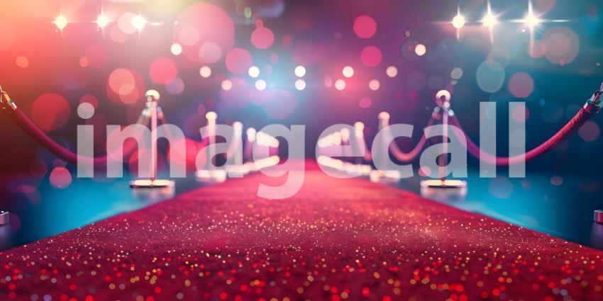 Beautiful Red carpet rolling out in front of glamorous movie premiere background - Ai Generated