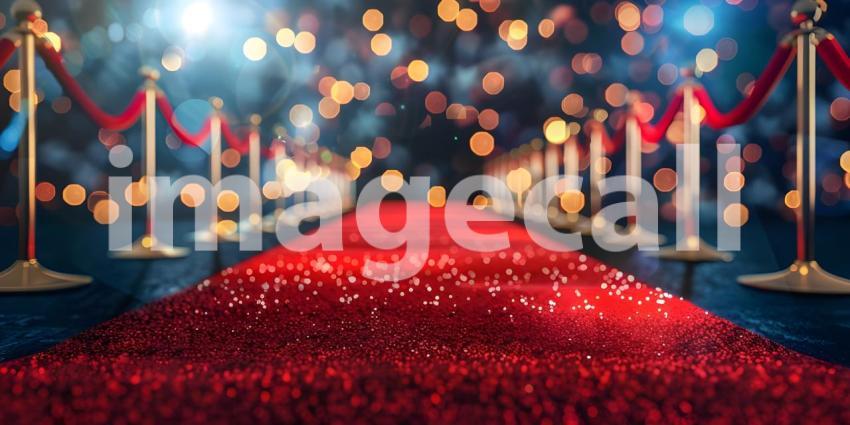 Beautiful Red carpet rolling out in front of glamorous movie premiere background - Ai Generated