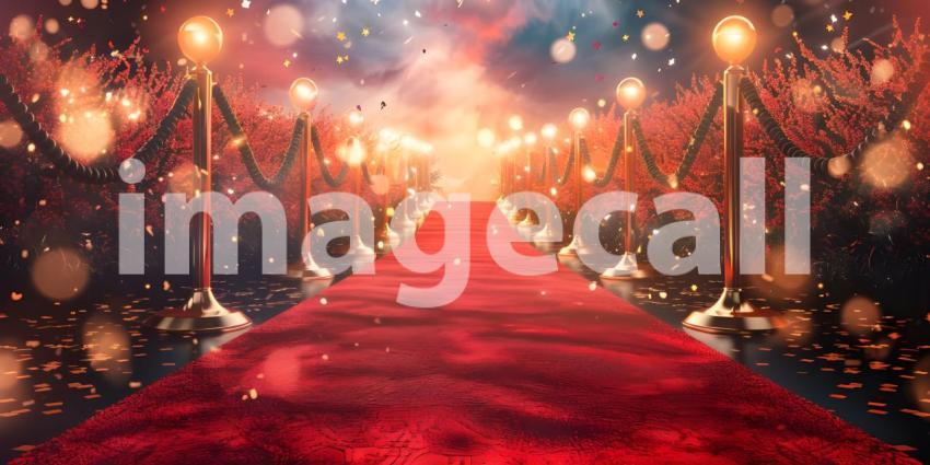 Beautiful Red carpet rolling out in front of glamorous movie premiere background - Ai Generated