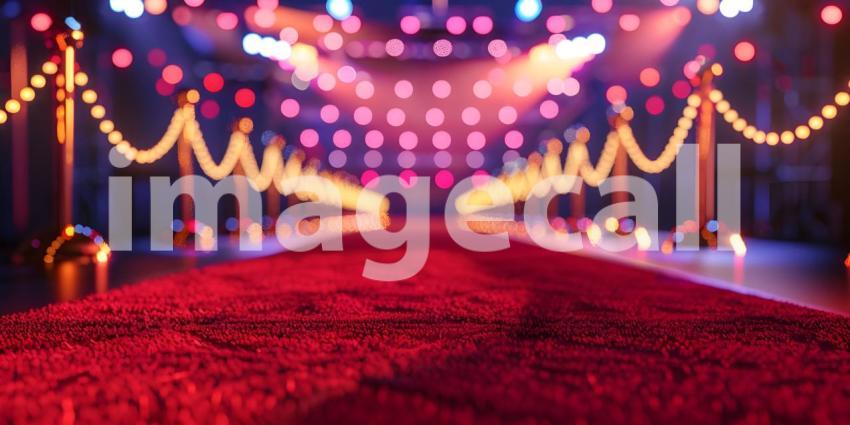 Beautiful Red carpet rolling out in front of glamorous movie premiere background - Ai Generated