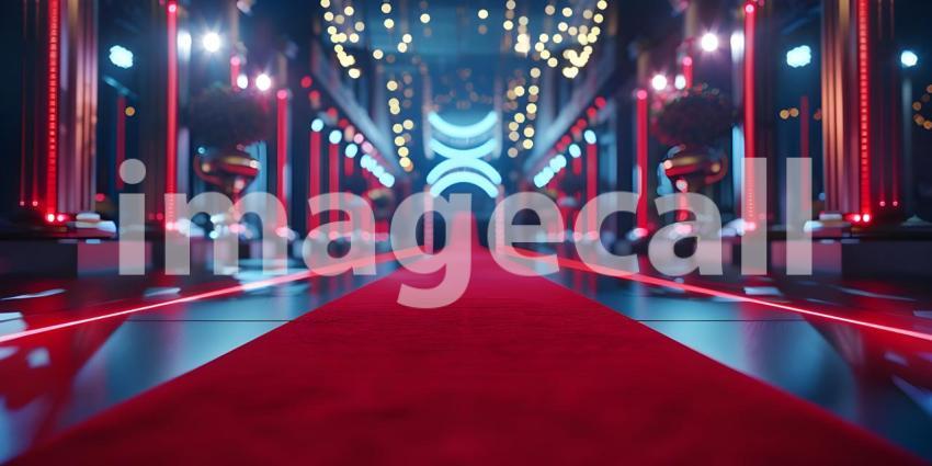 Beautiful Red carpet rolling out in front of glamorous movie premiere background - Ai Generated