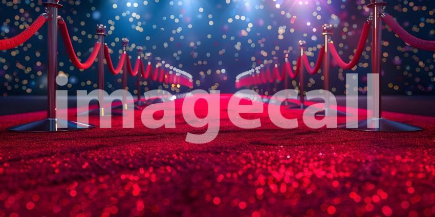 Beautiful Red carpet rolling out in front of glamorous movie premiere background - Ai Generated