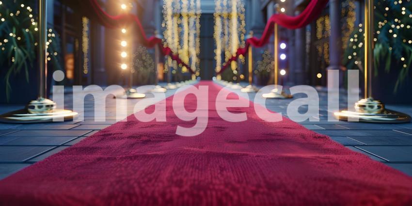 Beautiful Red carpet rolling out in front of glamorous movie premiere background - Ai Generated