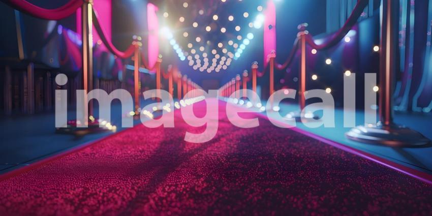 Beautiful Red carpet rolling out in front of glamorous movie premiere background - Ai Generated