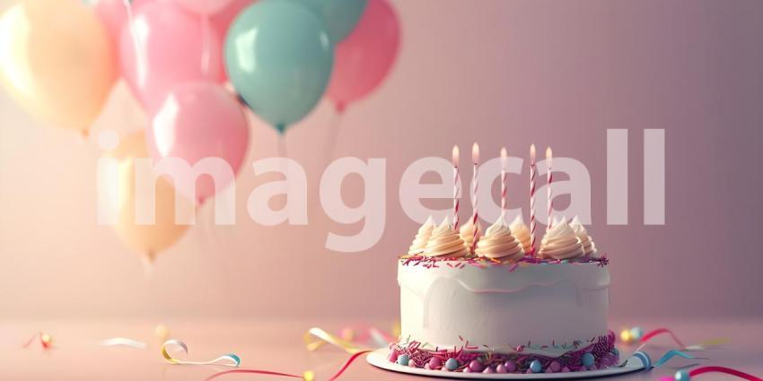 Birthday party balloons with cake with copy space for text - Ai Generated
