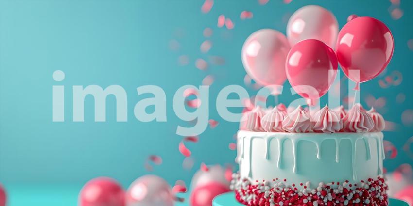 Birthday party balloons with cake with copy space for text - Ai Generated