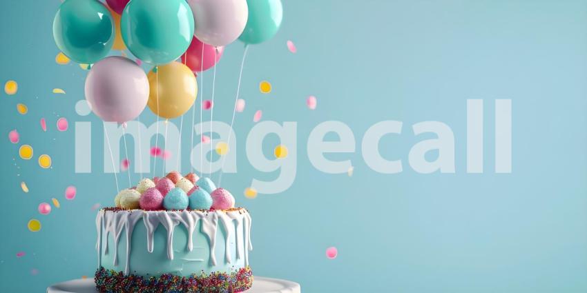 Birthday party balloons with cake with copy space for text - Ai Generated