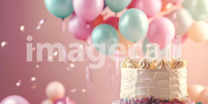 Birthday party balloons with cake with copy space for text - Ai Generated