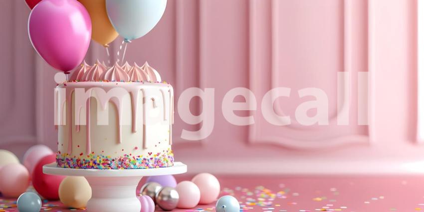 Birthday party balloons with cake with copy space for text - Ai Generated