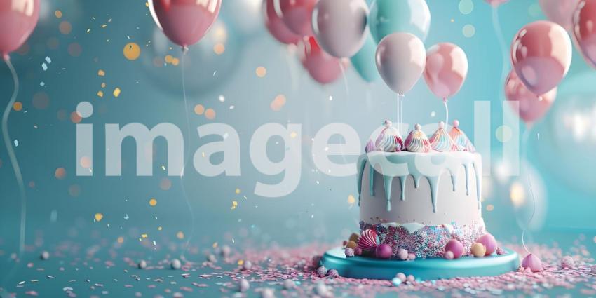 Birthday party balloons with cake with copy space for text - Ai Generated